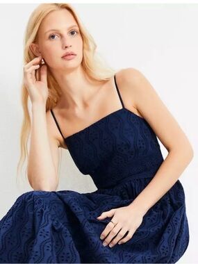 NWT LOFT Eyelet Flounce Strappy Sailor Navy Maxi Dress size 8